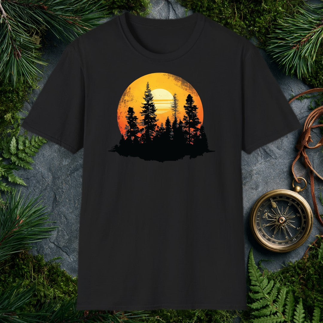 A stand of tall conifers silhouetted against a glowing orange sunset, framed inside a weathered vintage circle — built for the person who'd rather watch the…