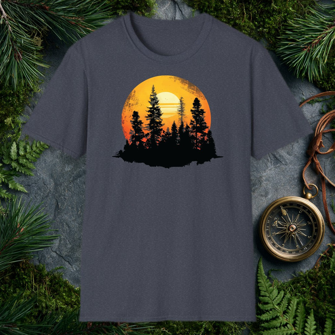 A stand of tall conifers silhouetted against a glowing orange sunset, framed inside a weathered vintage circle — built for the person who'd rather watch the…