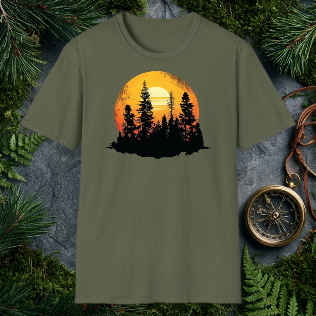 A stand of tall conifers silhouetted against a glowing orange sunset, framed inside a weathered vintage circle — built for the person who'd rather watch the…