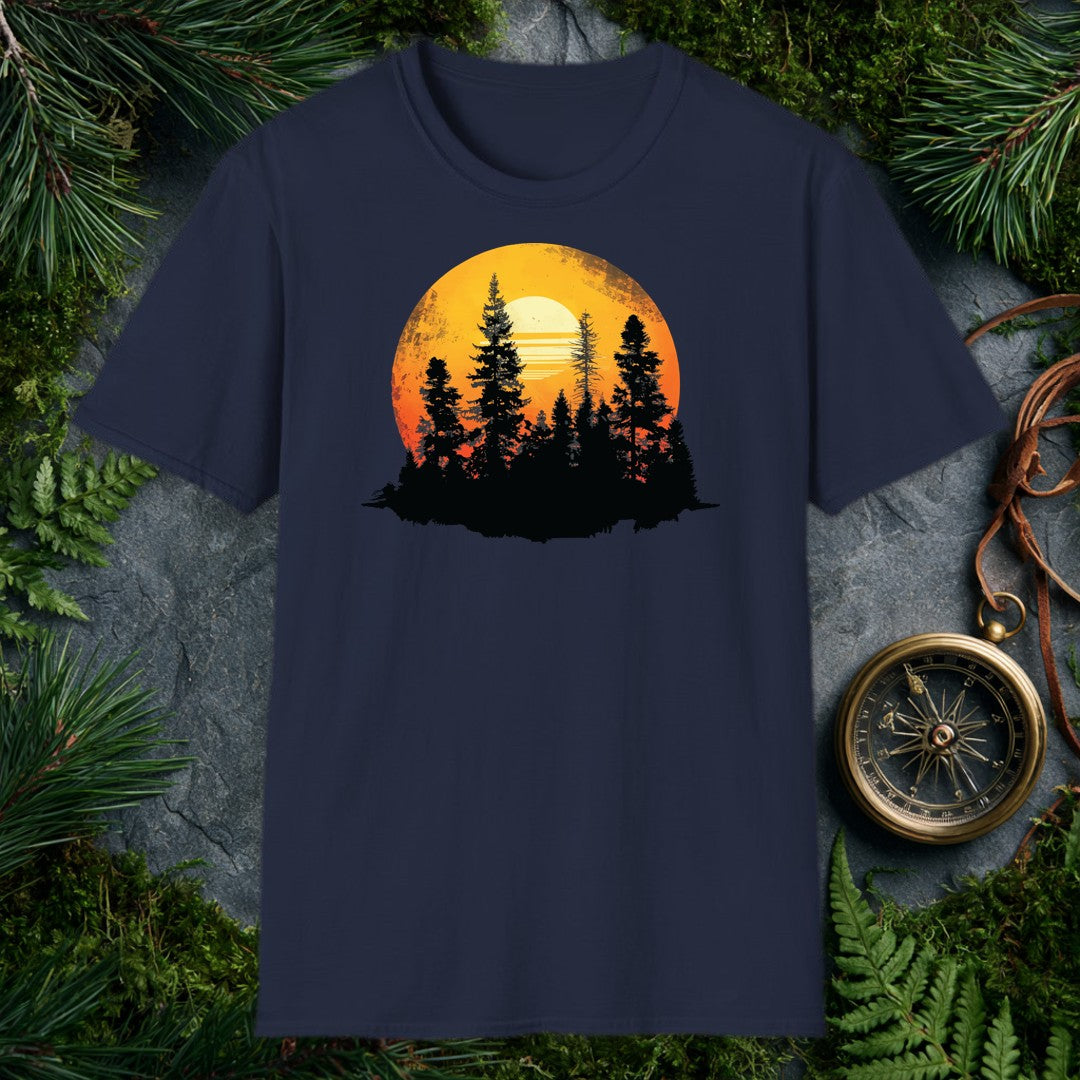 A stand of tall conifers silhouetted against a glowing orange sunset, framed inside a weathered vintage circle — built for the person who'd rather watch the…