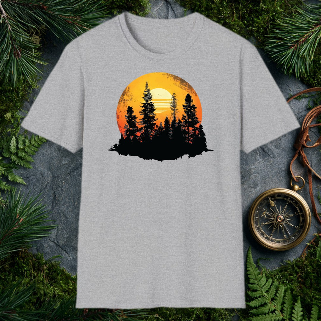 A stand of tall conifers silhouetted against a glowing orange sunset, framed inside a weathered vintage circle — built for the person who'd rather watch the…