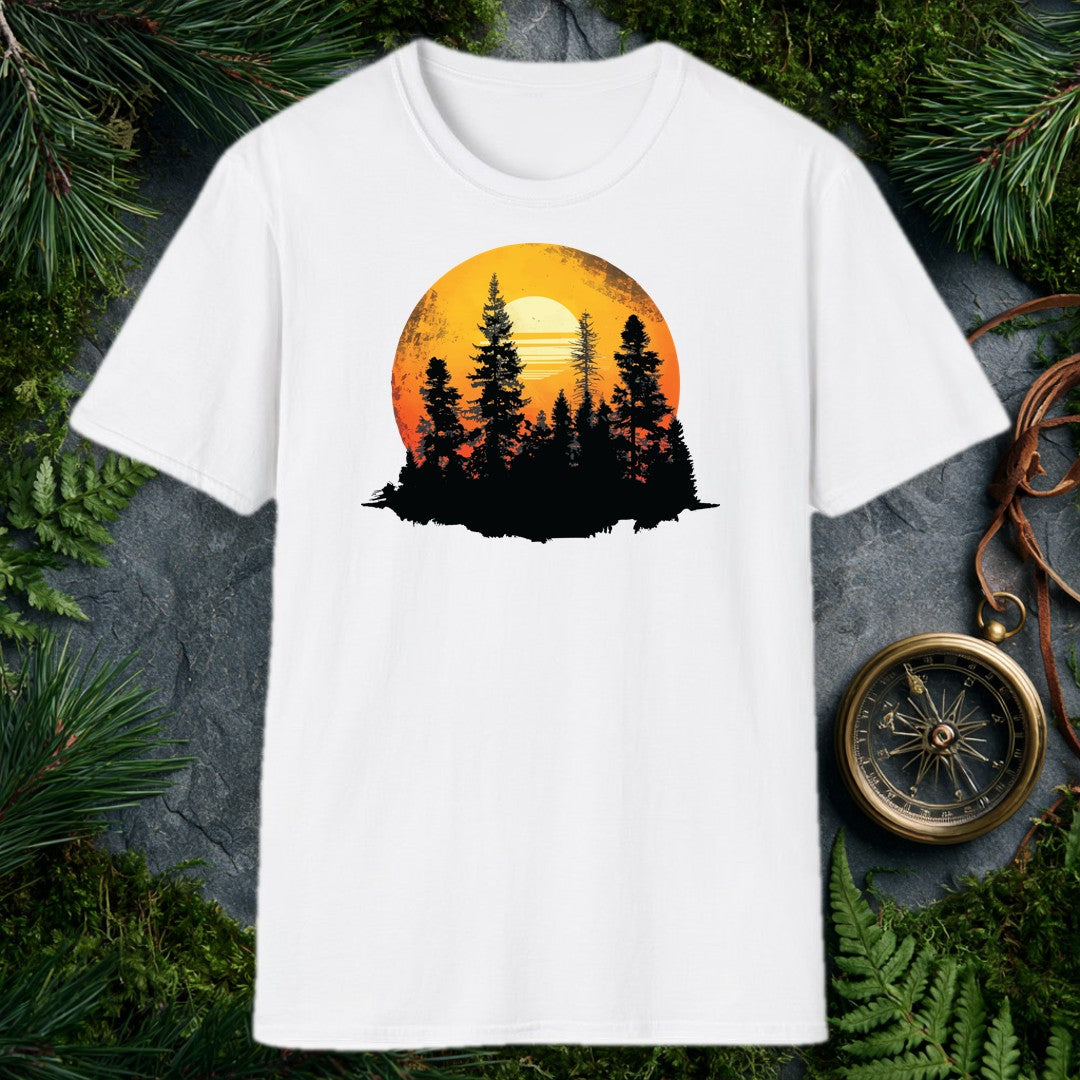 A stand of tall conifers silhouetted against a glowing orange sunset, framed inside a weathered vintage circle — built for the person who'd rather watch the…