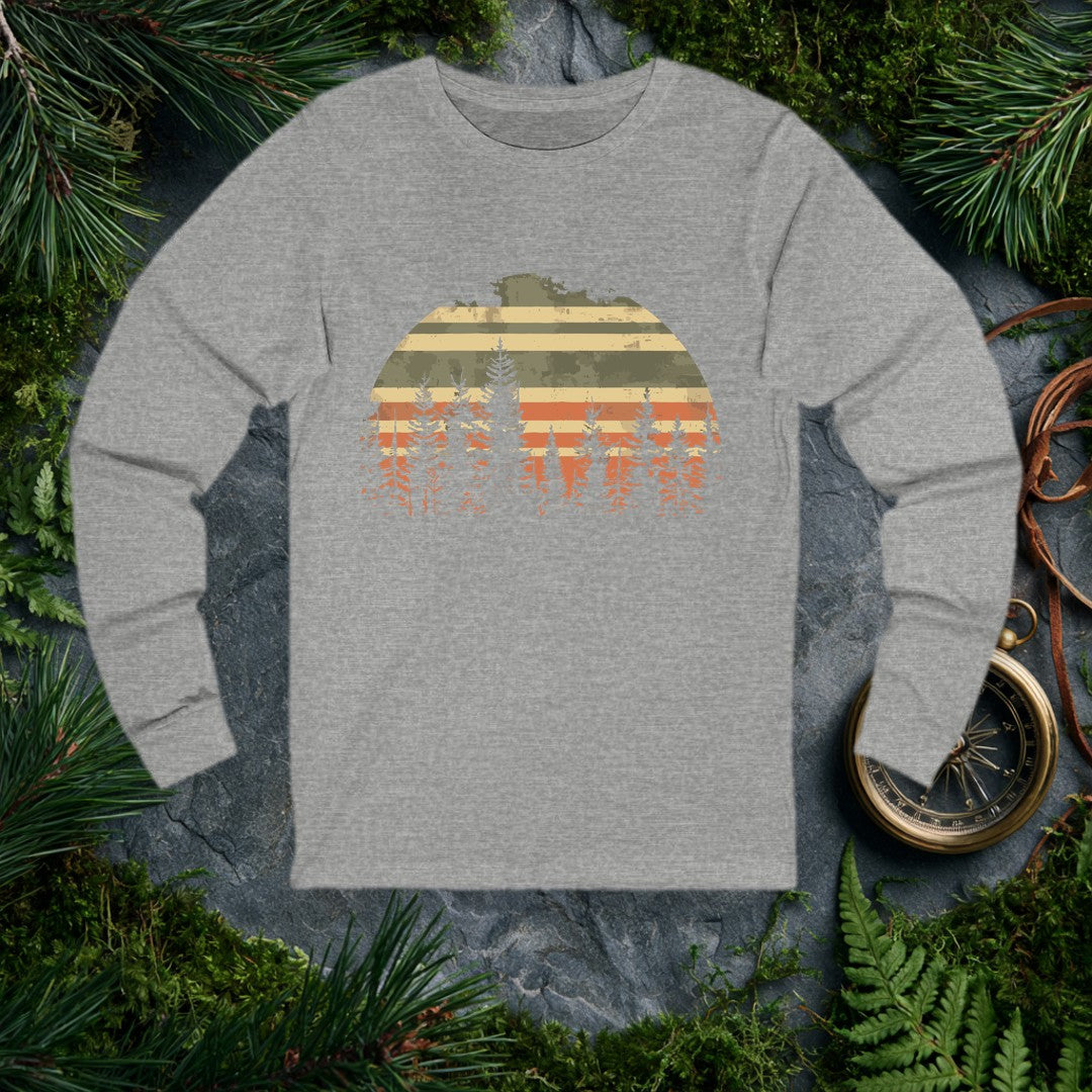 A semicircle sun striped in muted tan, olive, and burnt orange rises behind a silhouette of tall evergreen pines — built for the hiker who measures sunsets by…