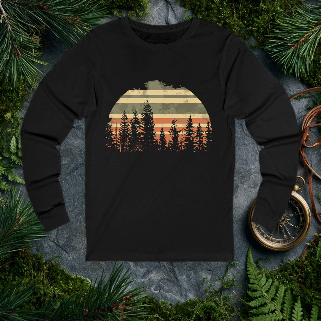 A semicircle sun striped in muted tan, olive, and burnt orange rises behind a silhouette of tall evergreen pines — built for the hiker who measures sunsets by…