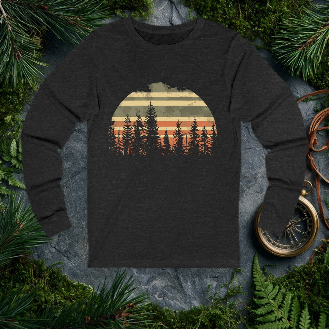 A semicircle sun striped in muted tan, olive, and burnt orange rises behind a silhouette of tall evergreen pines — built for the hiker who measures sunsets by…