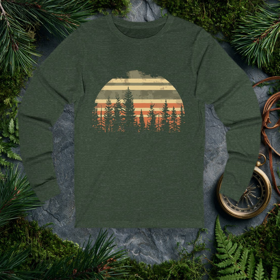 A semicircle sun striped in muted tan, olive, and burnt orange rises behind a silhouette of tall evergreen pines — built for the hiker who measures sunsets by…