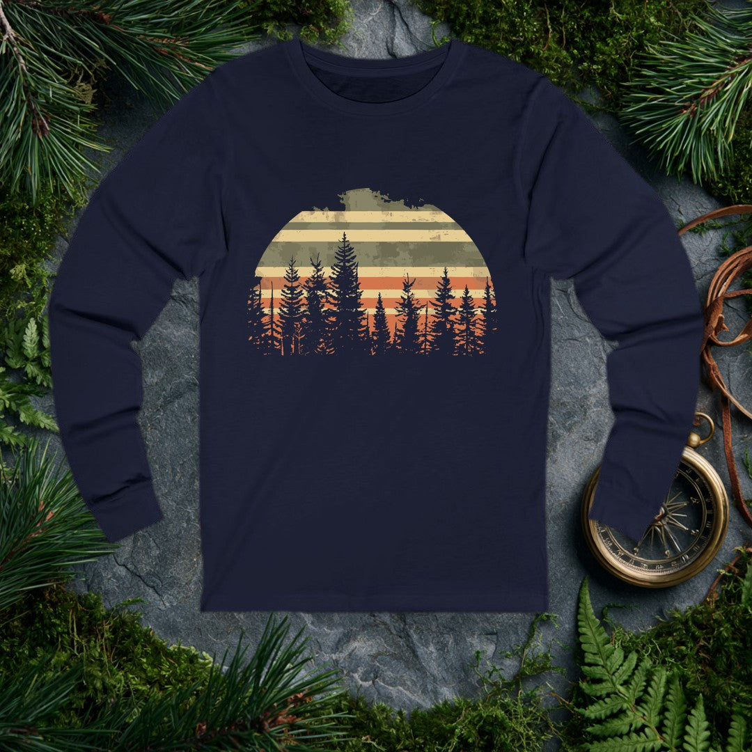A semicircle sun striped in muted tan, olive, and burnt orange rises behind a silhouette of tall evergreen pines — built for the hiker who measures sunsets by…