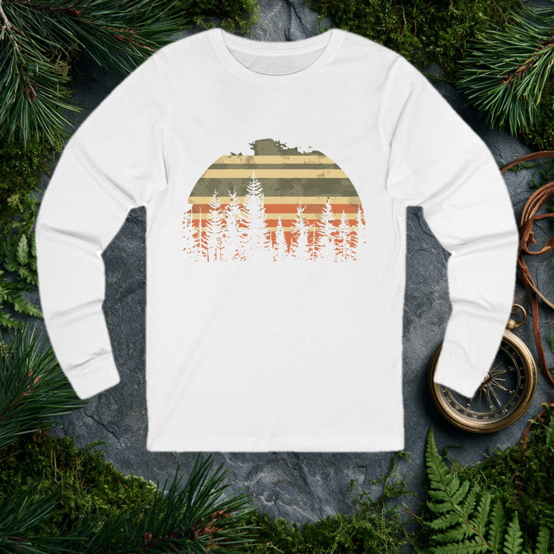 A semicircle sun striped in muted tan, olive, and burnt orange rises behind a silhouette of tall evergreen pines — built for the hiker who measures sunsets by…