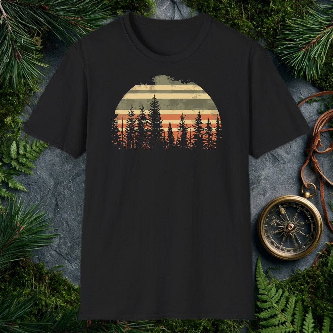 A semicircle sun striped in muted tan, olive, and burnt orange rises behind a silhouette of tall evergreen pines — built for the hiker who measures sunsets by…