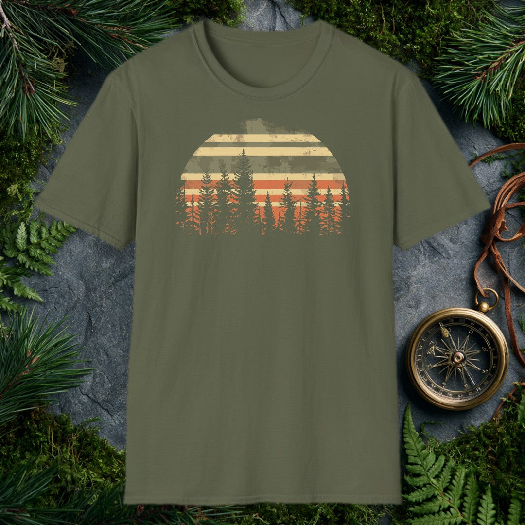 A semicircle sun striped in muted tan, olive, and burnt orange rises behind a silhouette of tall evergreen pines — built for the hiker who measures sunsets by…