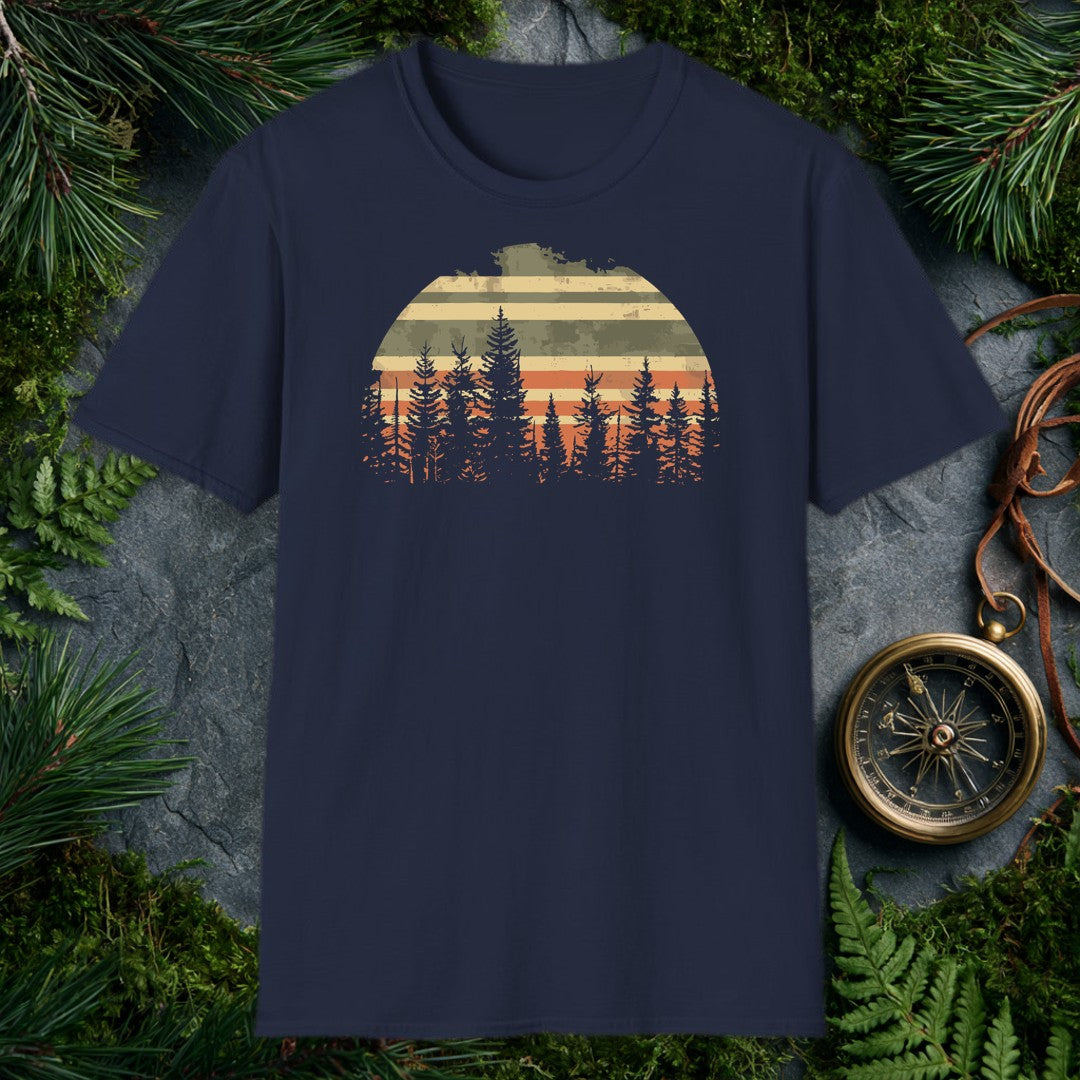 A semicircle sun striped in muted tan, olive, and burnt orange rises behind a silhouette of tall evergreen pines — built for the hiker who measures sunsets by…