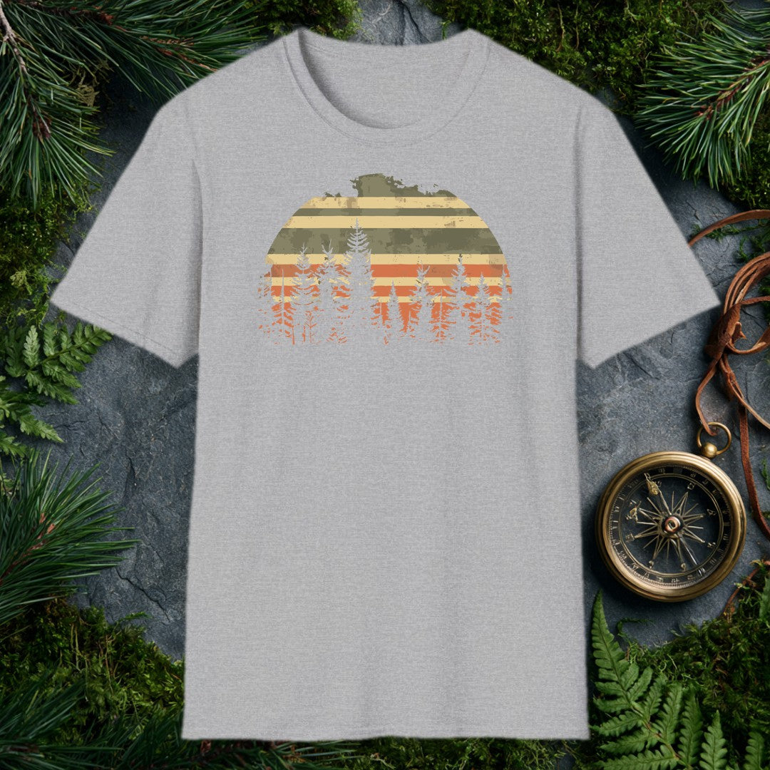 A semicircle sun striped in muted tan, olive, and burnt orange rises behind a silhouette of tall evergreen pines — built for the hiker who measures sunsets by…