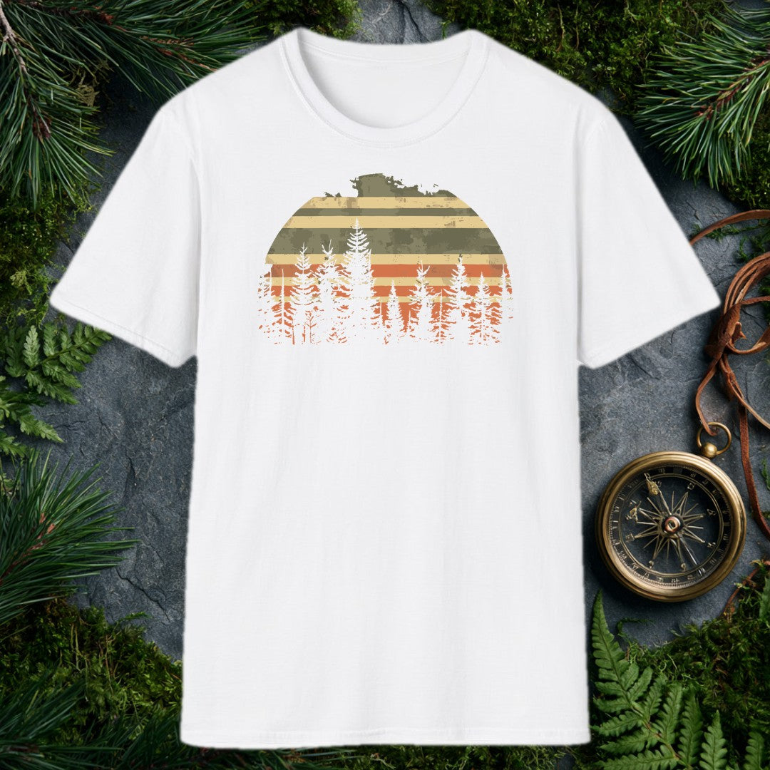 A semicircle sun striped in muted tan, olive, and burnt orange rises behind a silhouette of tall evergreen pines — built for the hiker who measures sunsets by…