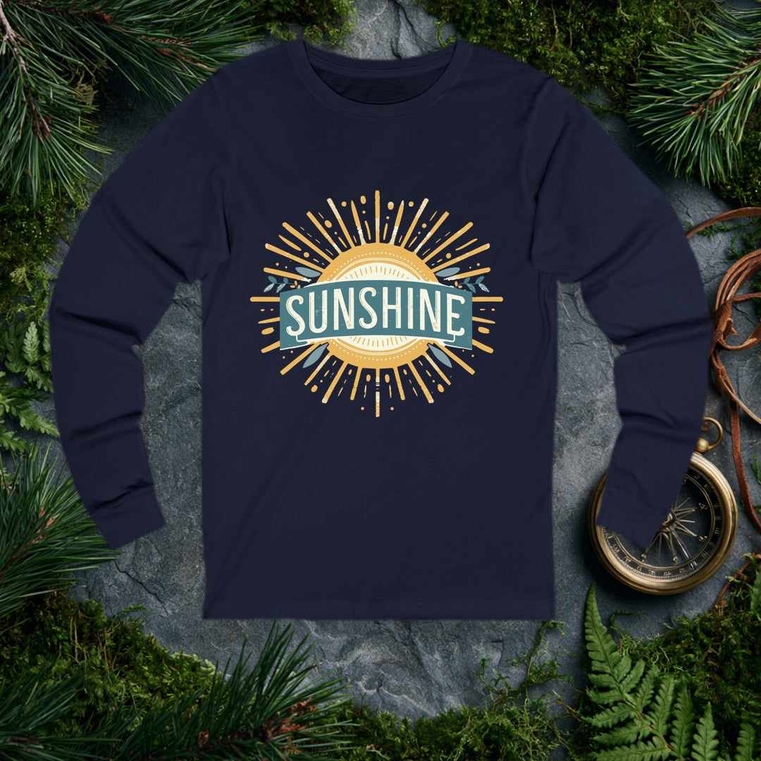 A bold vintage sun bursts outward in warm gold rays, its center framed by a teal banner and sprigs of olive leaves — for the person who chases light on every…