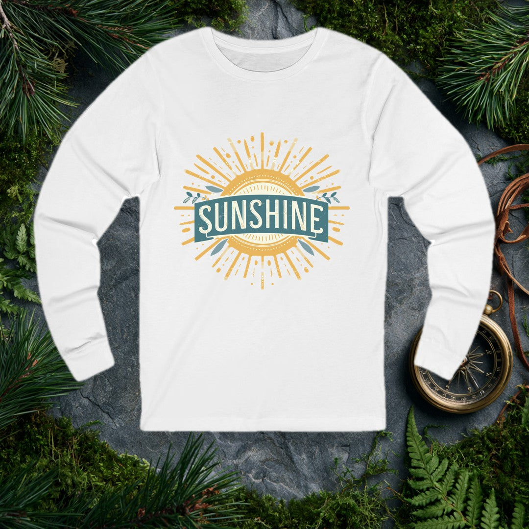A bold vintage sun bursts outward in warm gold rays, its center framed by a teal banner and sprigs of olive leaves — for the person who chases light on every…