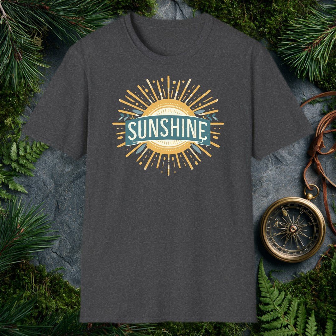 A bold vintage sun bursts outward in warm gold rays, its center framed by a teal banner and sprigs of olive leaves — for the person who chases light on every…