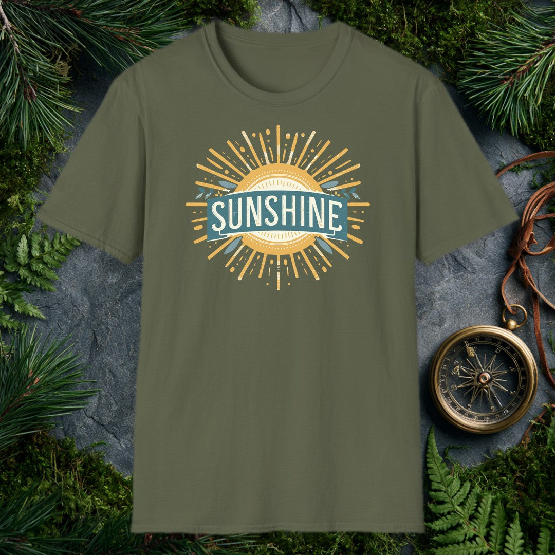 A bold vintage sun bursts outward in warm gold rays, its center framed by a teal banner and sprigs of olive leaves — for the person who chases light on every…