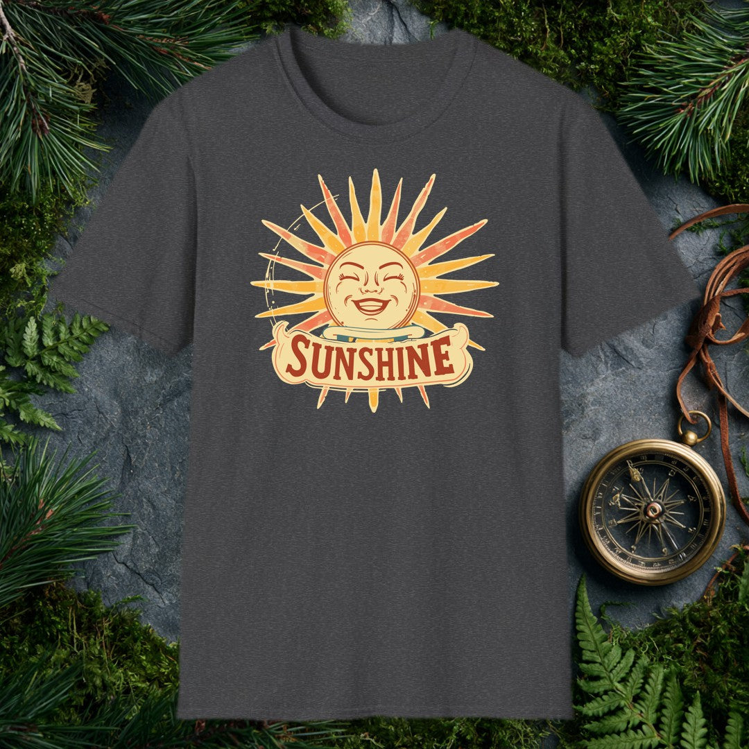 A grinning retro sun — rosy cheeks, laughing eyes, rays blazing in amber and coral — beams above a hand-lettered banner that reads Sunshine . For the optimist…