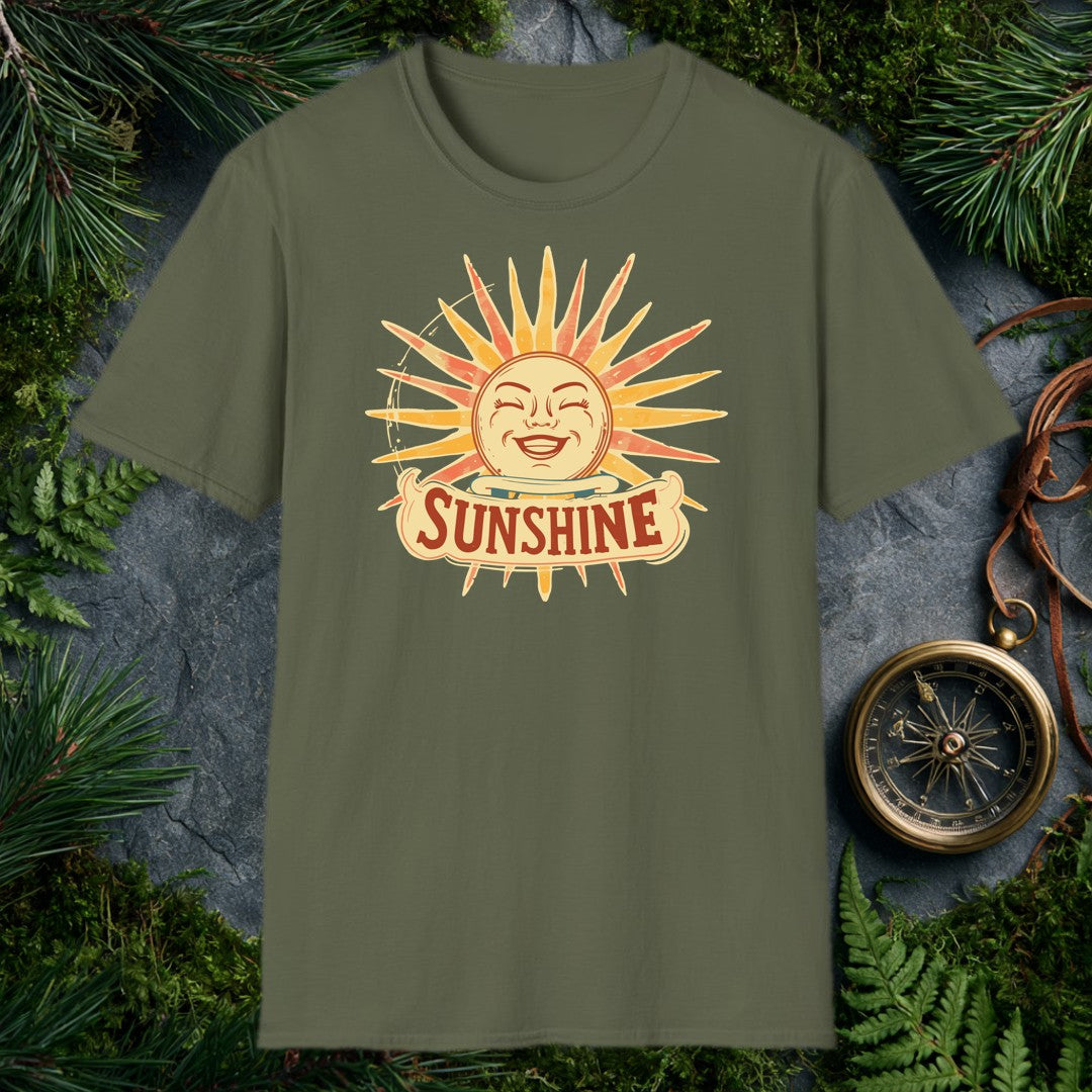 A grinning retro sun — rosy cheeks, laughing eyes, rays blazing in amber and coral — beams above a hand-lettered banner that reads Sunshine . For the optimist…