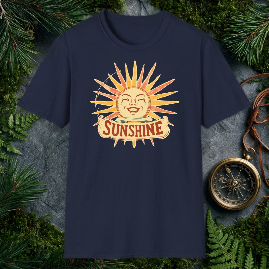 A grinning retro sun — rosy cheeks, laughing eyes, rays blazing in amber and coral — beams above a hand-lettered banner that reads Sunshine . For the optimist…
