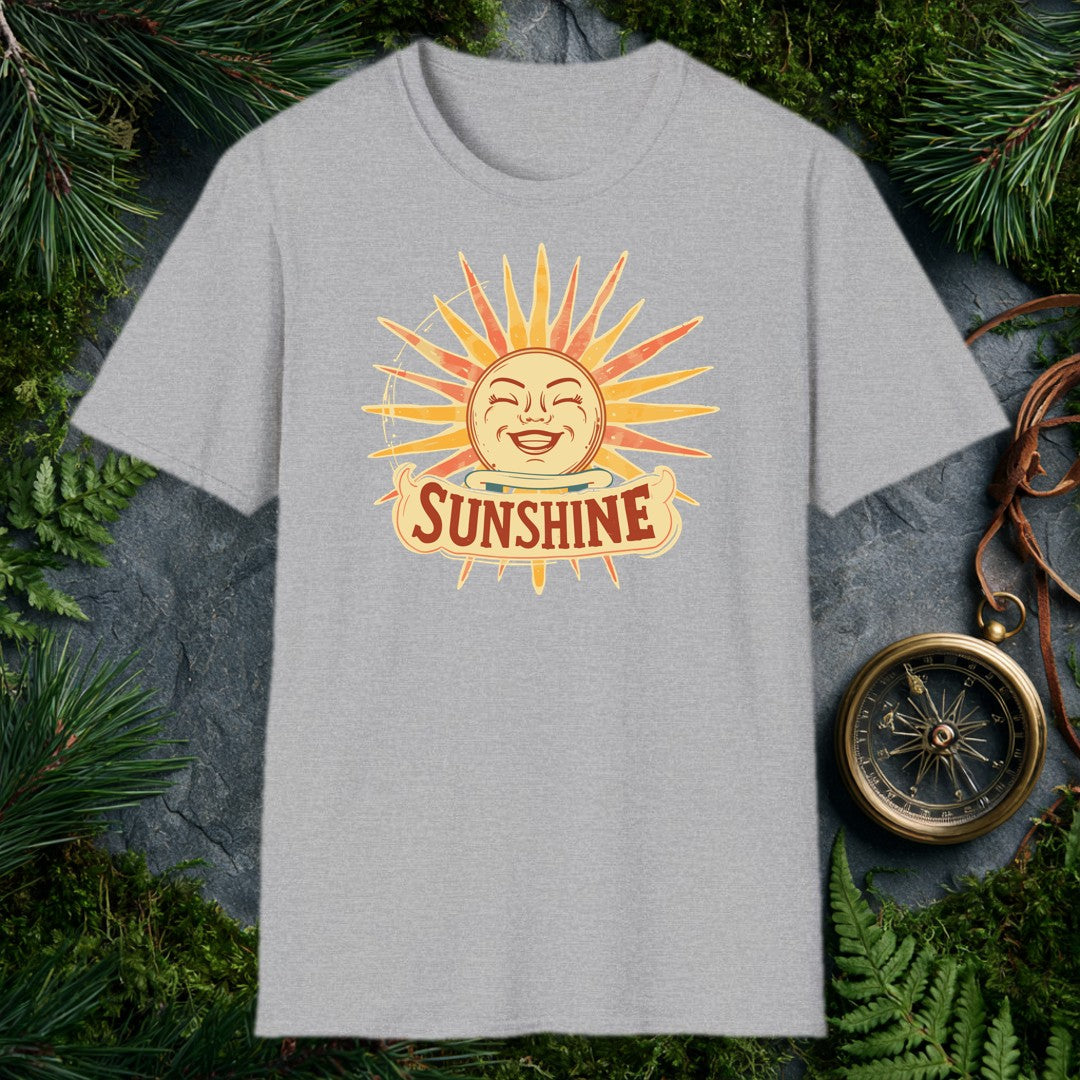 A grinning retro sun — rosy cheeks, laughing eyes, rays blazing in amber and coral — beams above a hand-lettered banner that reads Sunshine . For the optimist…