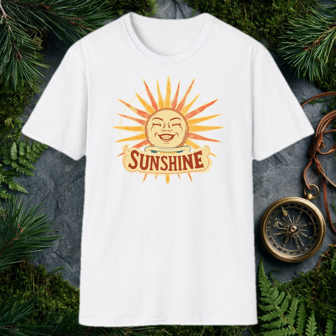 A grinning retro sun — rosy cheeks, laughing eyes, rays blazing in amber and coral — beams above a hand-lettered banner that reads Sunshine . For the optimist…