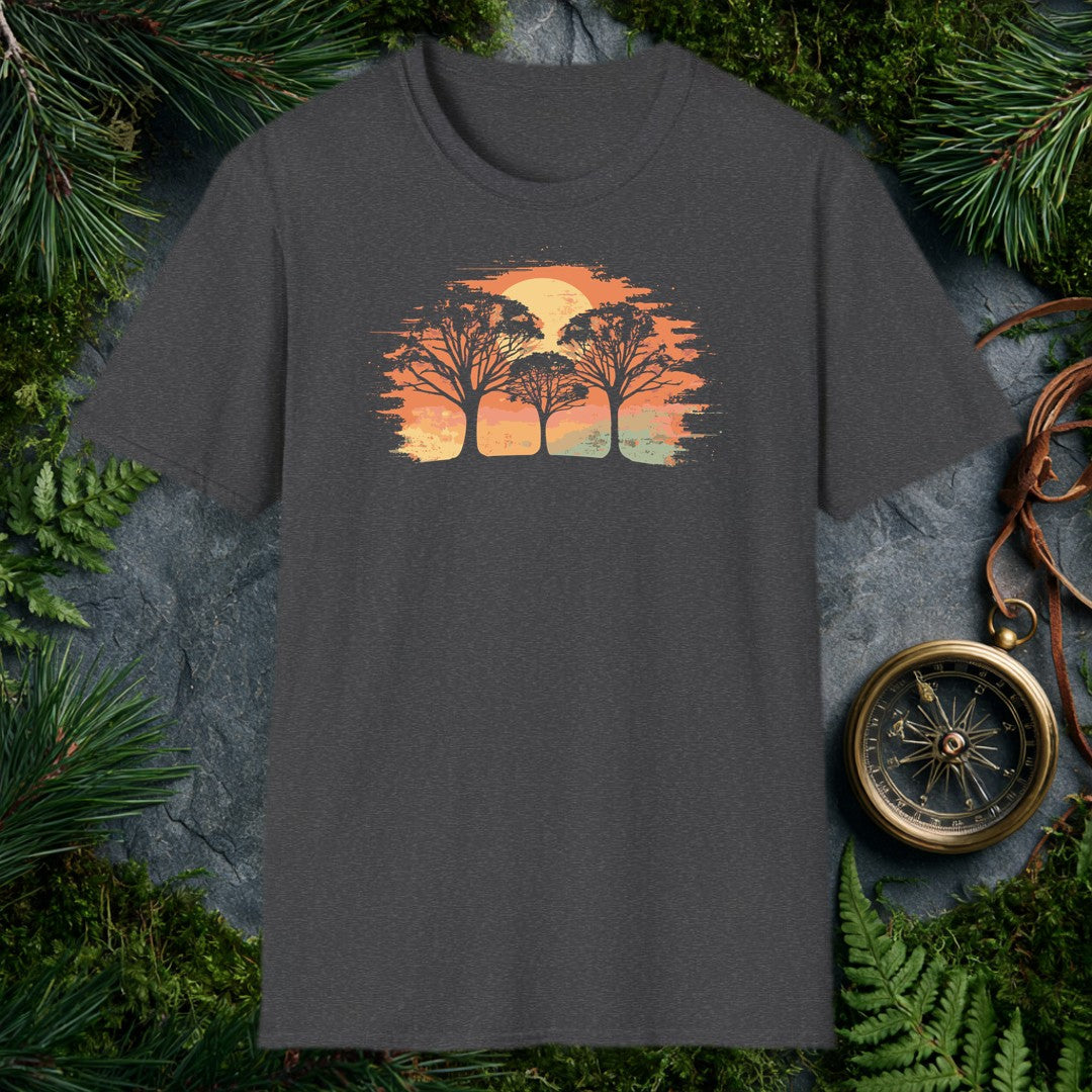 three white silhouette trees against a brushstroke burnt-orange sunset with a pale gold sun, watercolor style
