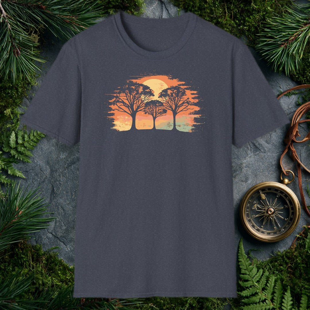 three white silhouette trees against a brushstroke burnt-orange sunset with a pale gold sun, watercolor style