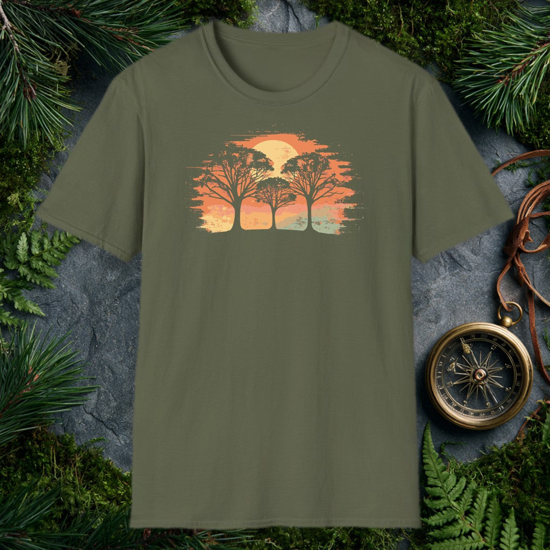 three white silhouette trees against a brushstroke burnt-orange sunset with a pale gold sun, watercolor style