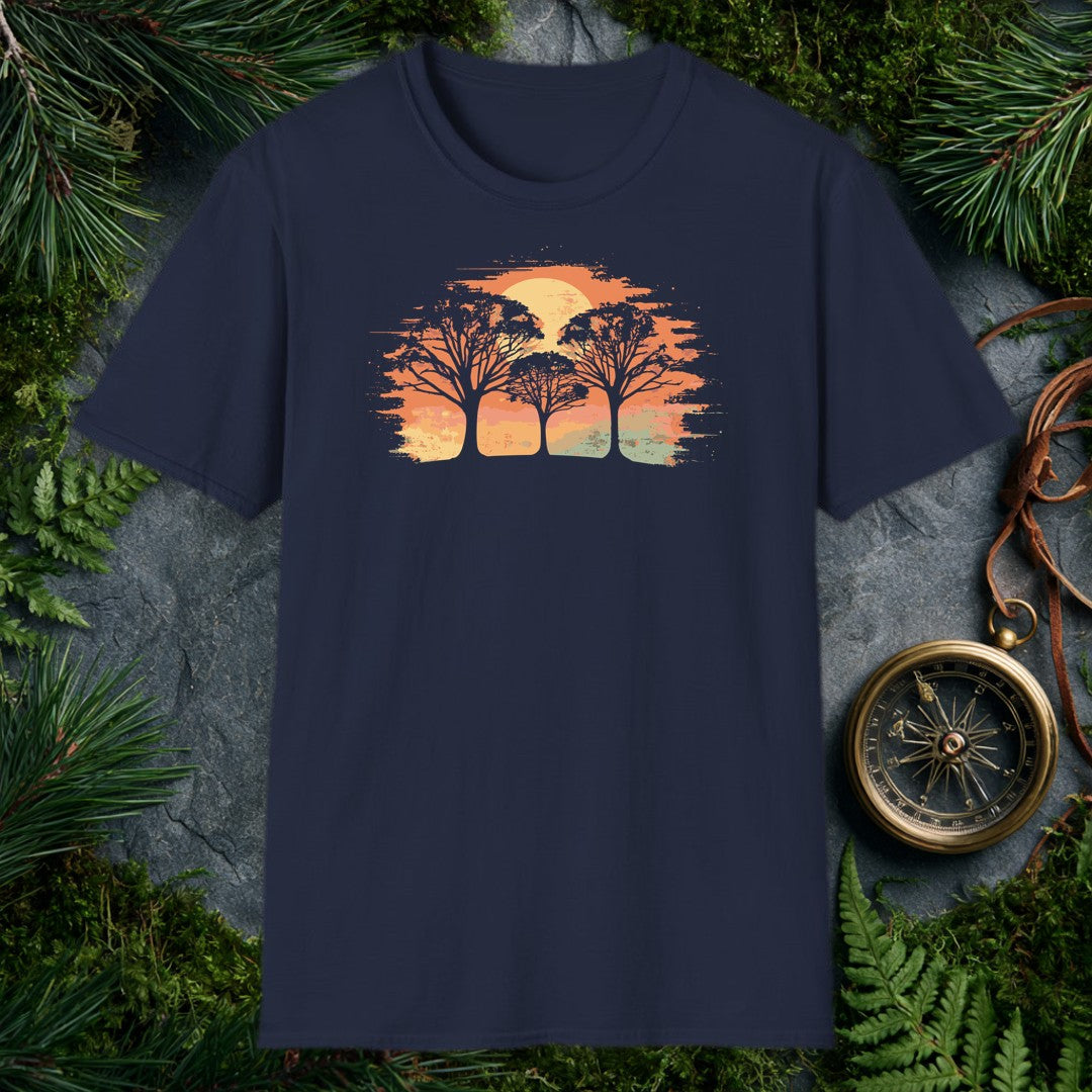 three white silhouette trees against a brushstroke burnt-orange sunset with a pale gold sun, watercolor style