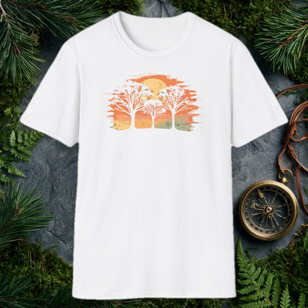 three white silhouette trees against a brushstroke burnt-orange sunset with a pale gold sun, watercolor style