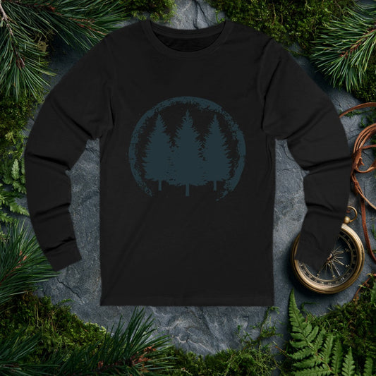 Three tall pines rise together inside a weathered circle, their silhouettes worn at the edges like a stamp pulled from an old trail map — for the person who's…