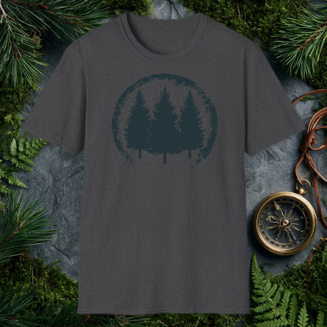 distressed circular badge with three pine tree silhouettes in dark teal on white, grunge-edged border
