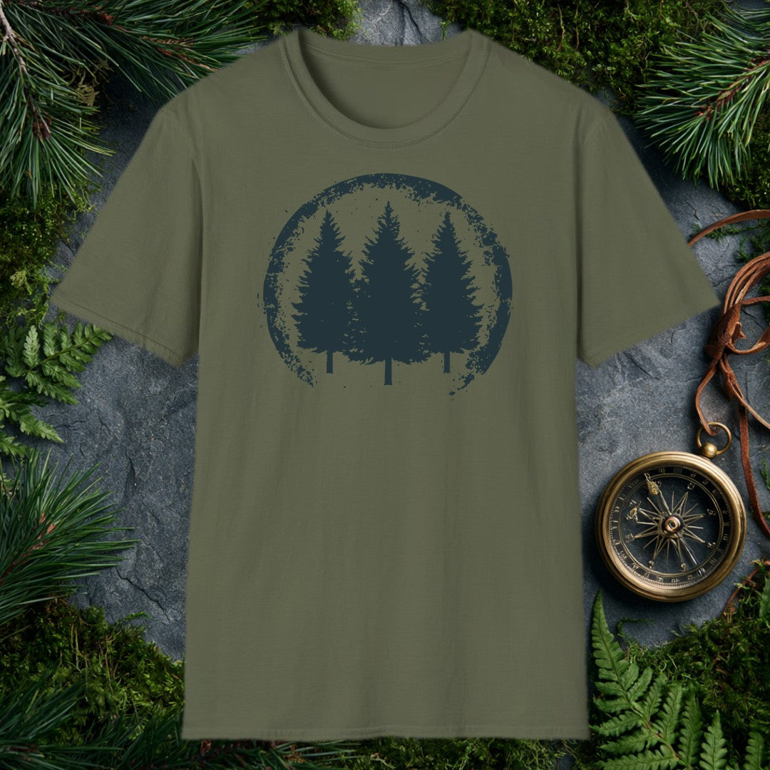 distressed circular badge with three pine tree silhouettes in dark teal on white, grunge-edged border