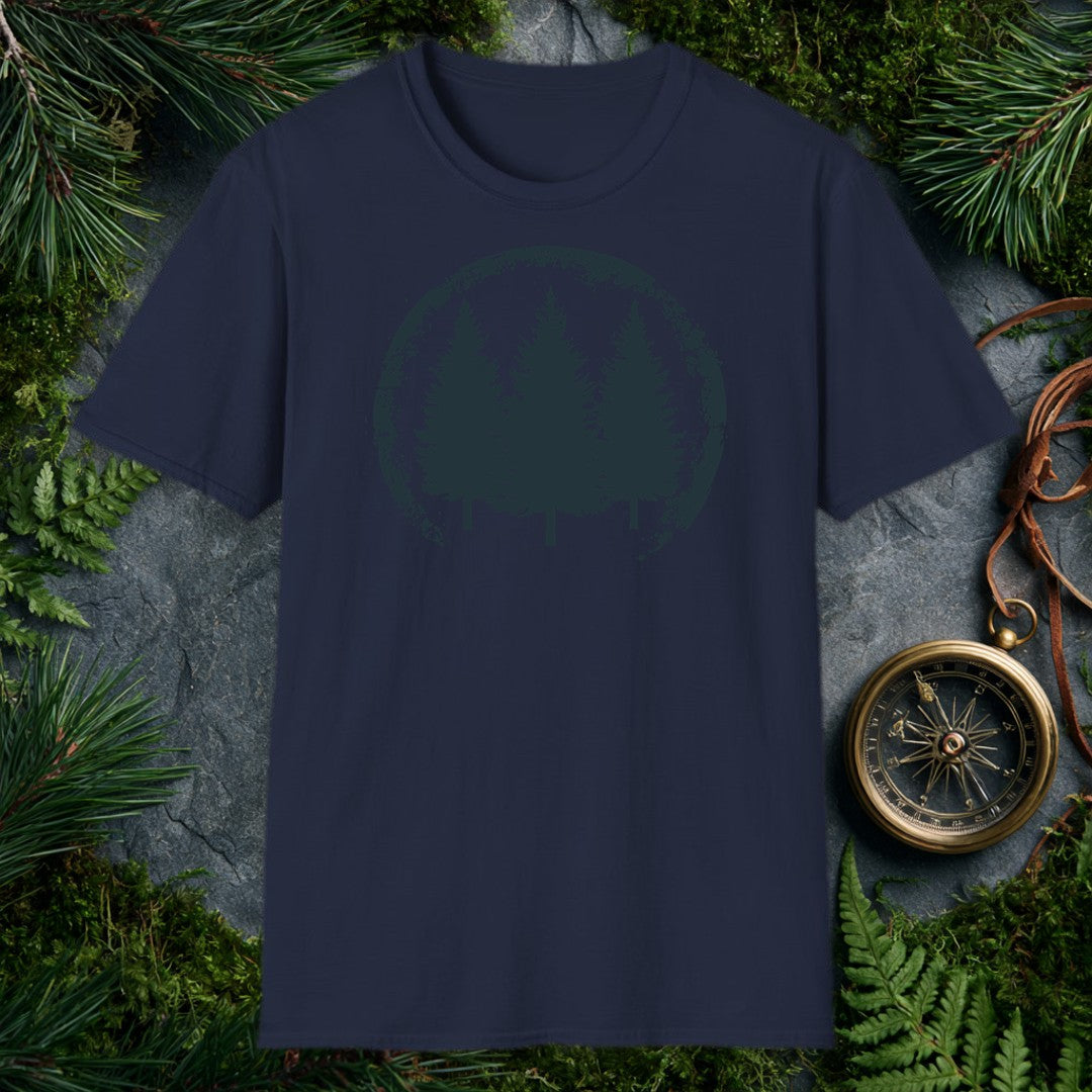 distressed circular badge with three pine tree silhouettes in dark teal on white, grunge-edged border