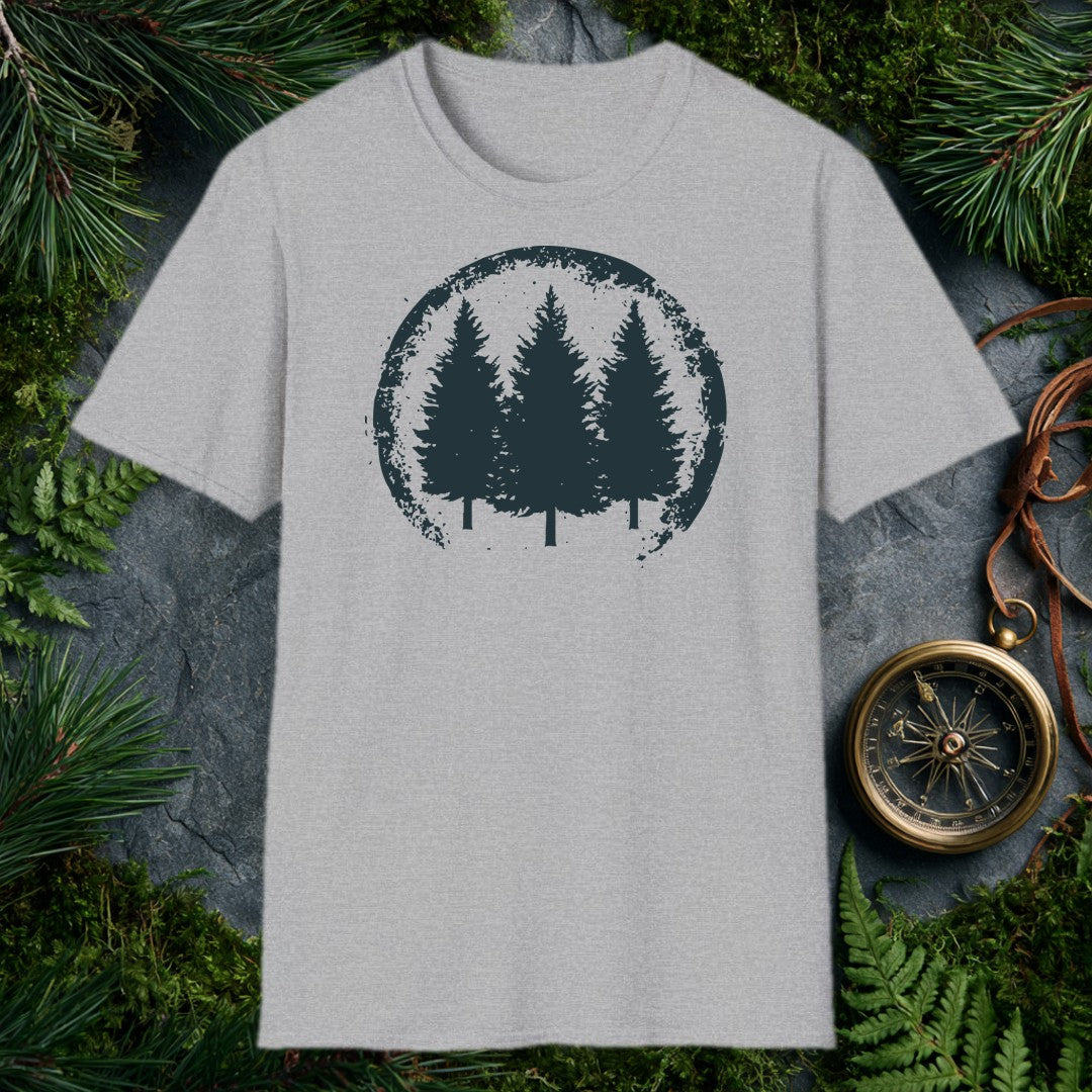 distressed circular badge with three pine tree silhouettes in dark teal on white, grunge-edged border