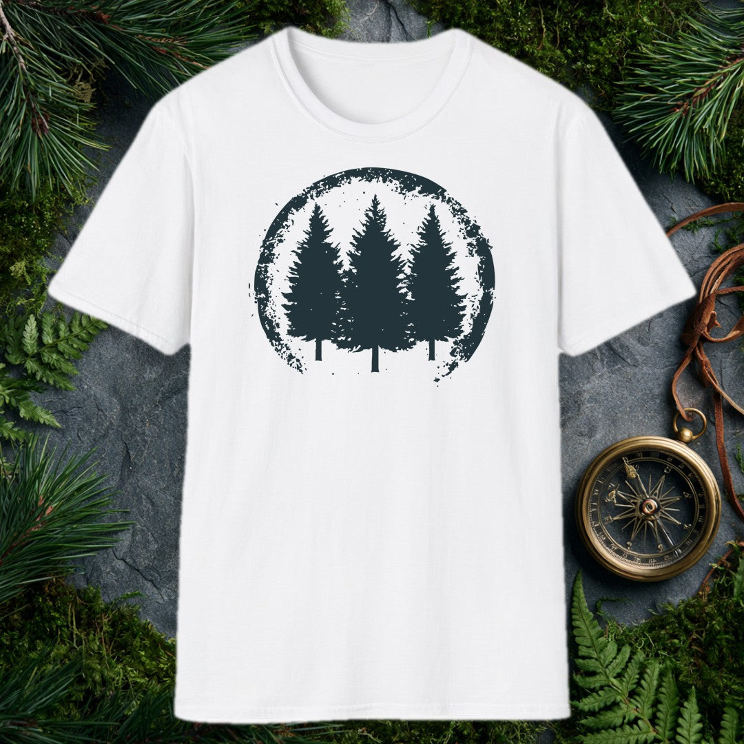 distressed circular badge with three pine tree silhouettes in dark teal on white, grunge-edged border