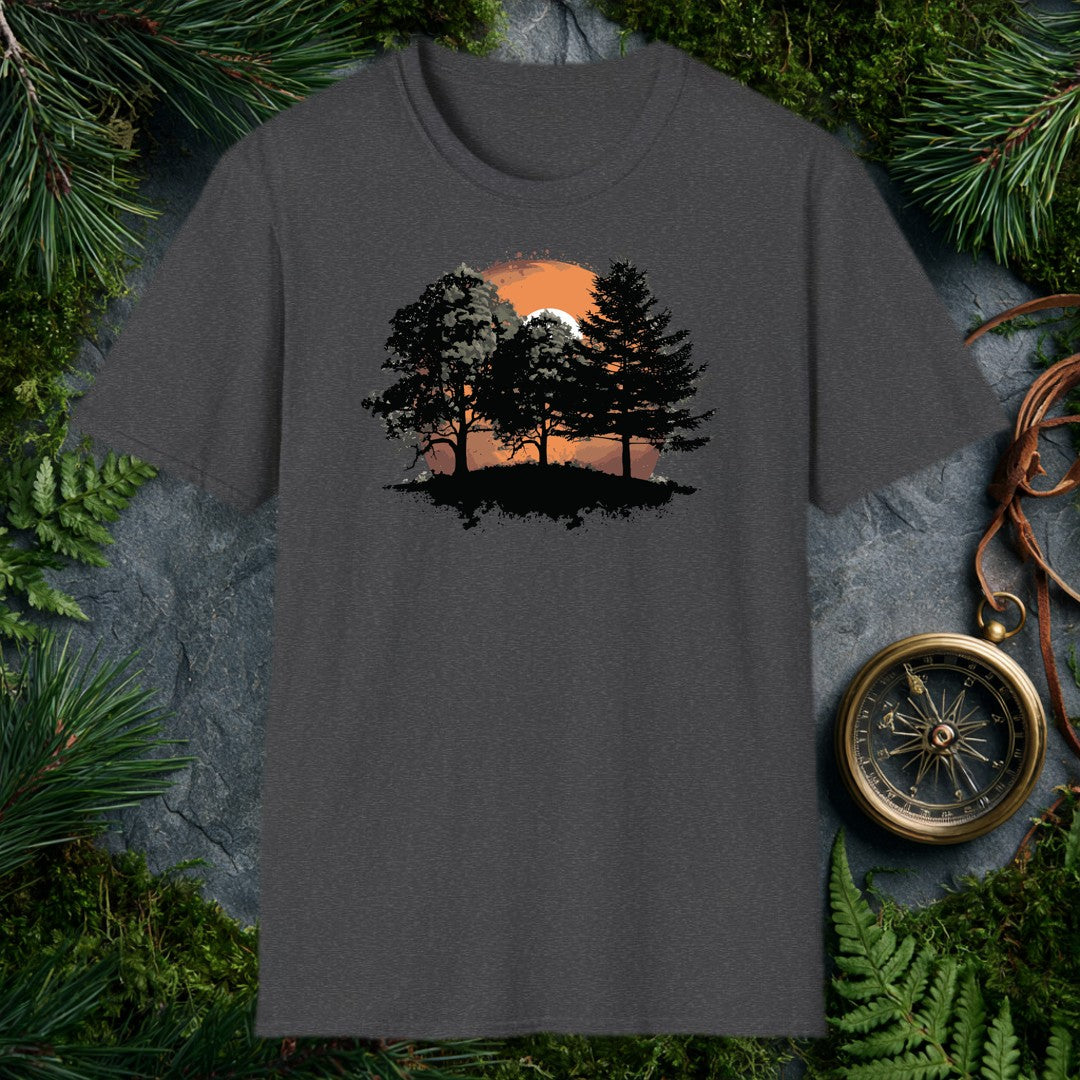 ink-splatter silhouette of broadleaf and pine trees on a hill against a large orange setting sun