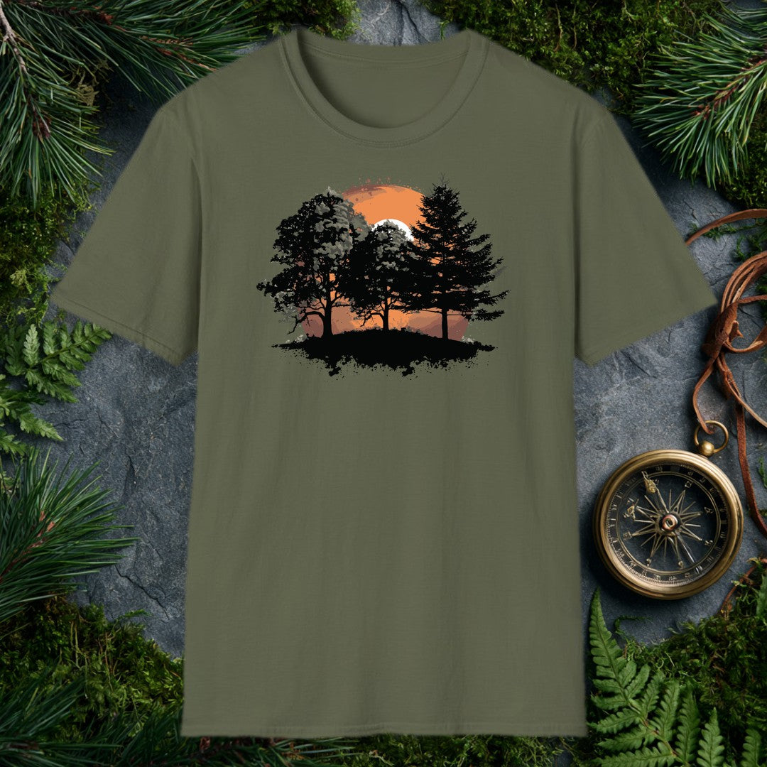 ink-splatter silhouette of broadleaf and pine trees on a hill against a large orange setting sun