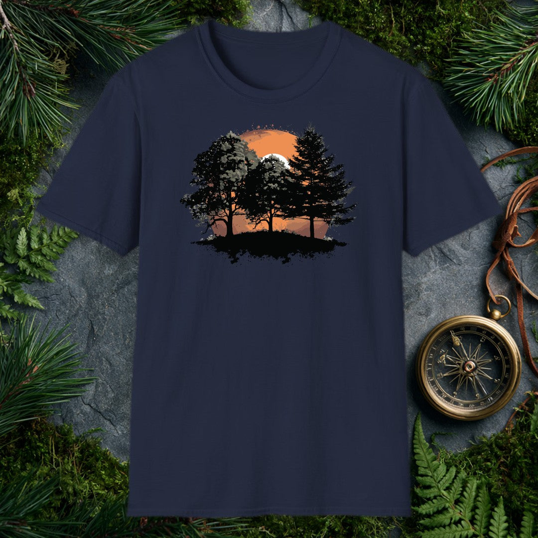ink-splatter silhouette of broadleaf and pine trees on a hill against a large orange setting sun