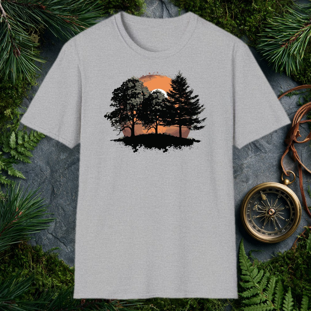 ink-splatter silhouette of broadleaf and pine trees on a hill against a large orange setting sun