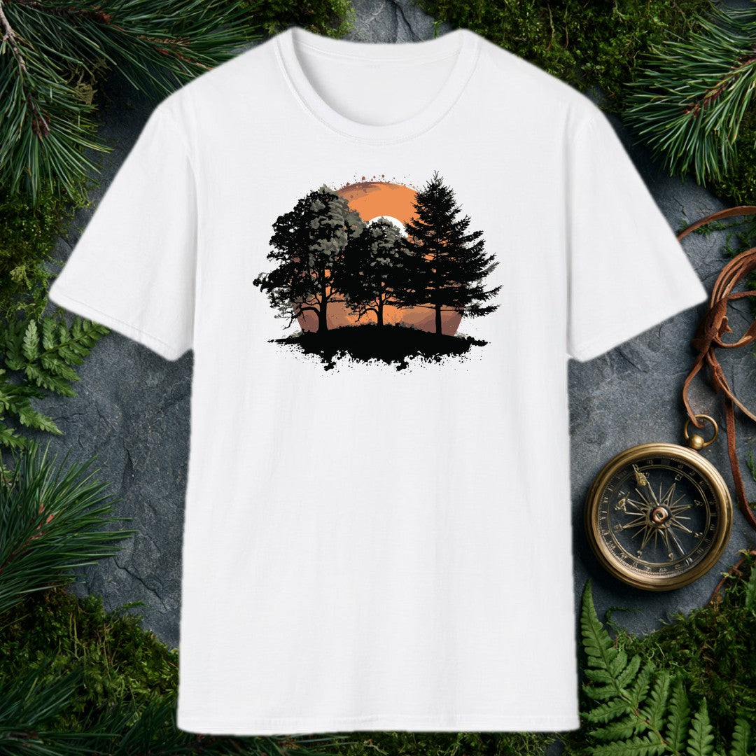 ink-splatter silhouette of broadleaf and pine trees on a hill against a large orange setting sun