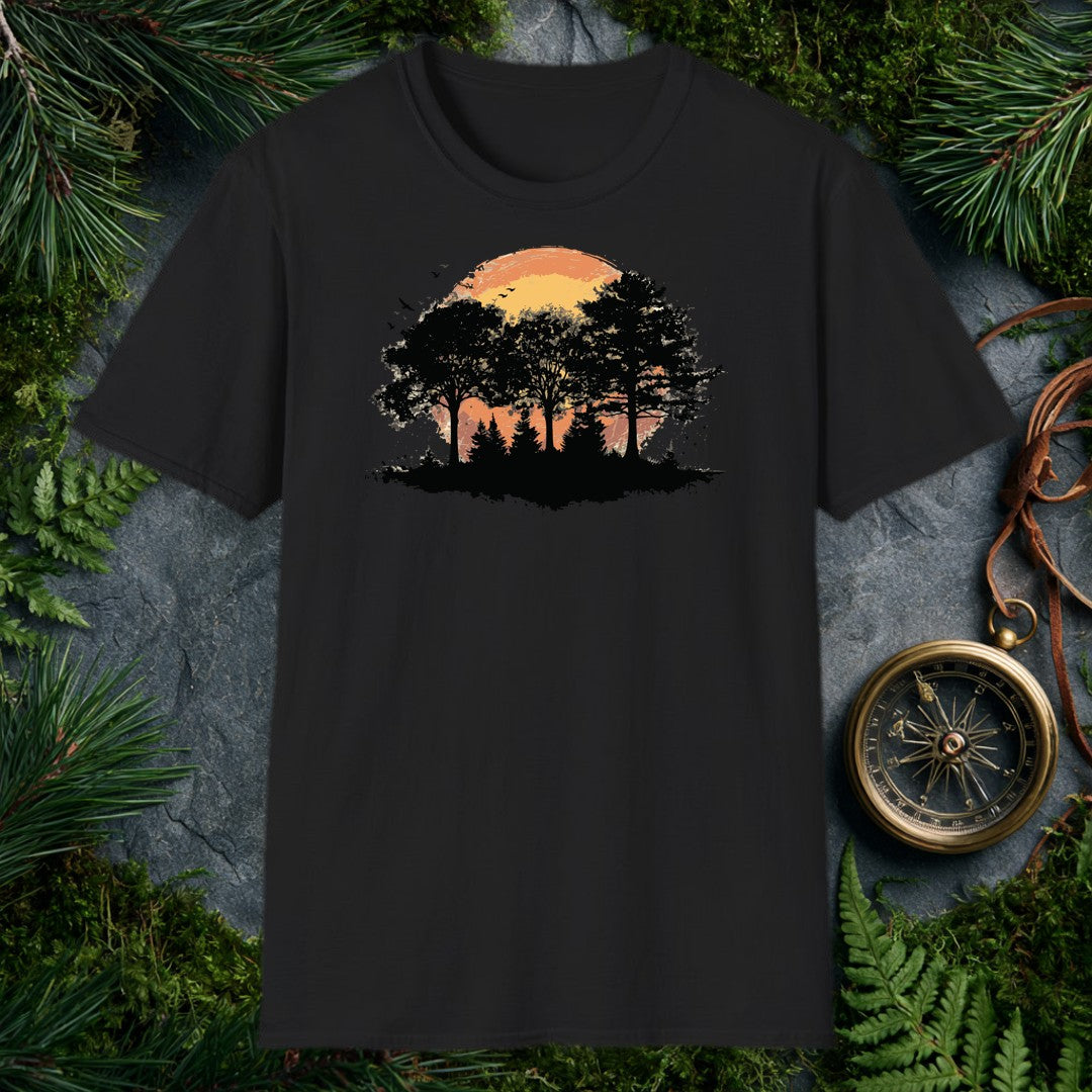 Black silhouettes of broad-canopy trees and a stand of pines rise against a brushstroke sun bleeding orange into gold, birds lifting off the treeline — made…