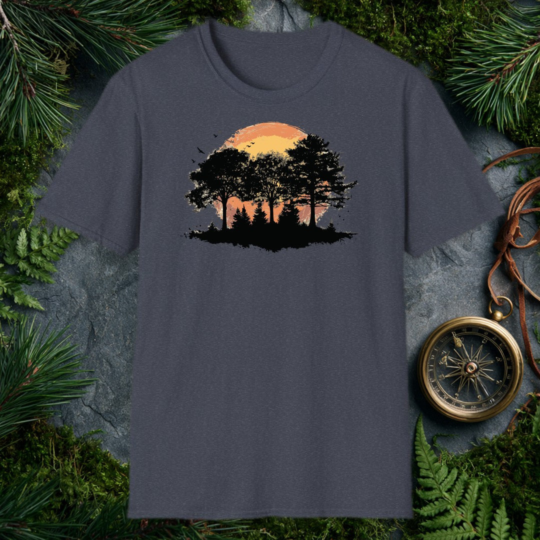 Black silhouettes of broad-canopy trees and a stand of pines rise against a brushstroke sun bleeding orange into gold, birds lifting off the treeline — made…