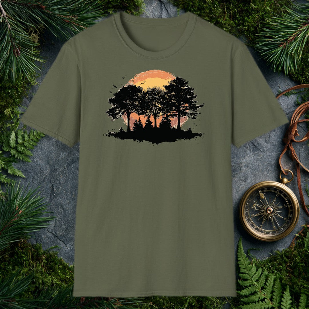 Black silhouettes of broad-canopy trees and a stand of pines rise against a brushstroke sun bleeding orange into gold, birds lifting off the treeline — made…