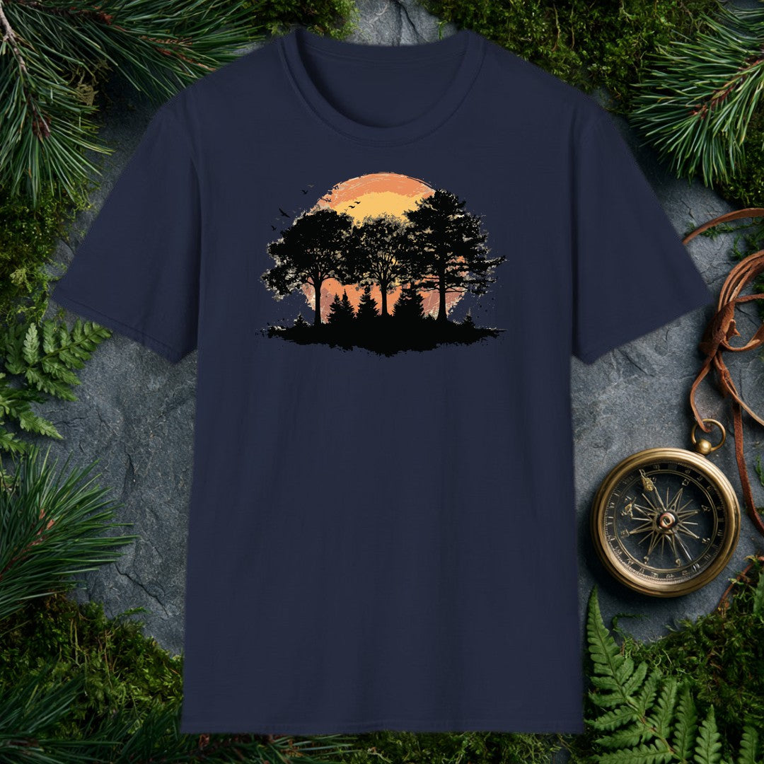 Black silhouettes of broad-canopy trees and a stand of pines rise against a brushstroke sun bleeding orange into gold, birds lifting off the treeline — made…