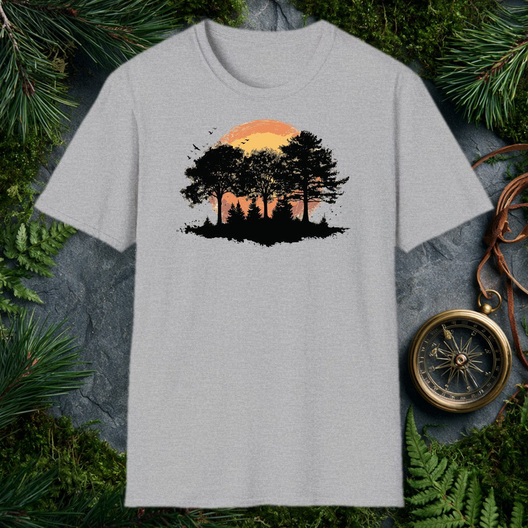 Black silhouettes of broad-canopy trees and a stand of pines rise against a brushstroke sun bleeding orange into gold, birds lifting off the treeline — made…