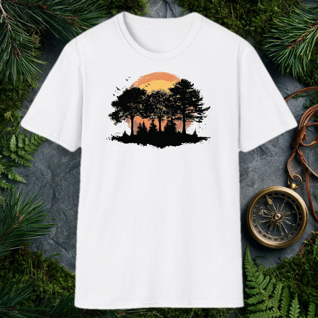 Black silhouettes of broad-canopy trees and a stand of pines rise against a brushstroke sun bleeding orange into gold, birds lifting off the treeline — made…