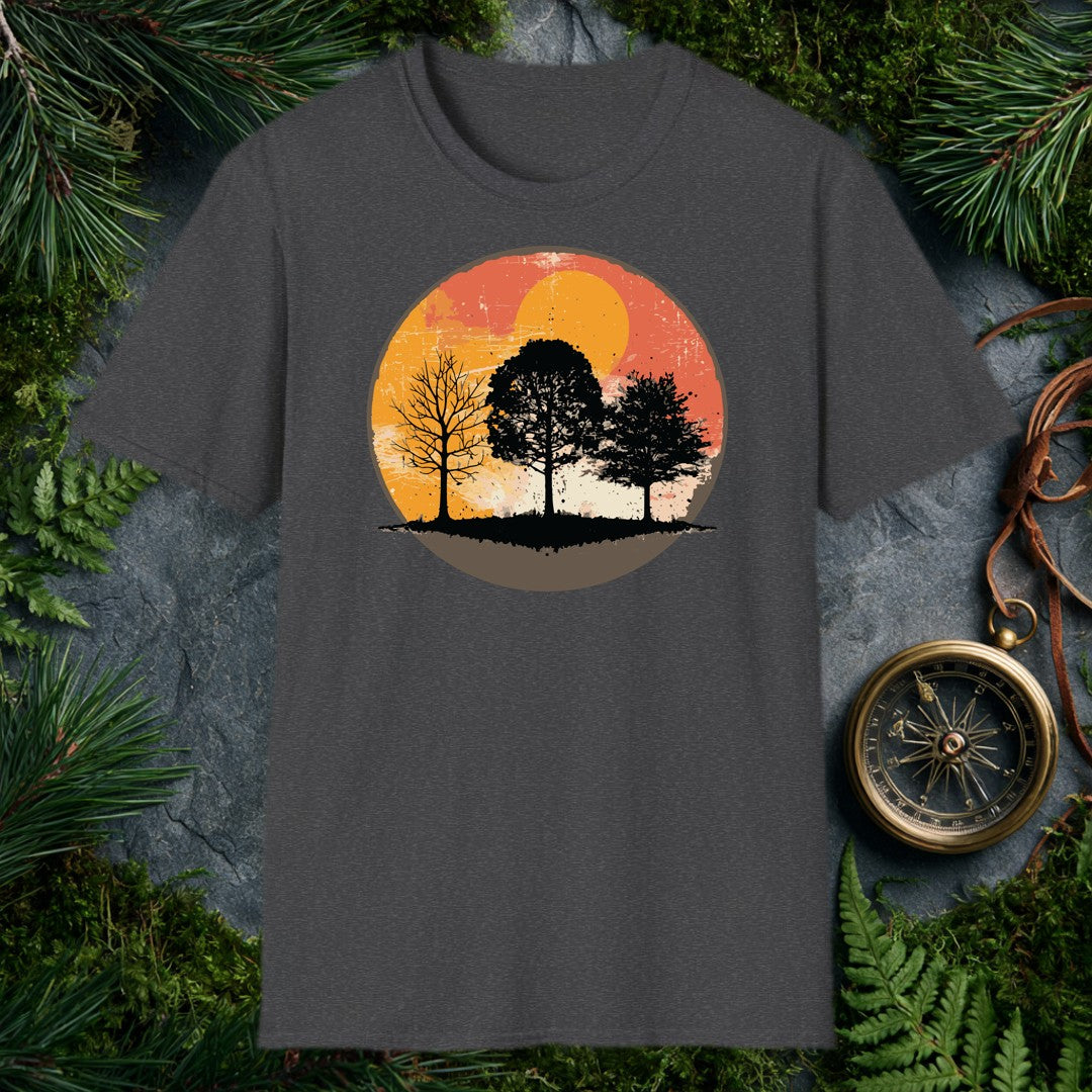 three tree silhouettes against a distressed amber and rust circular sunset, grunge texture, warm orange tones
