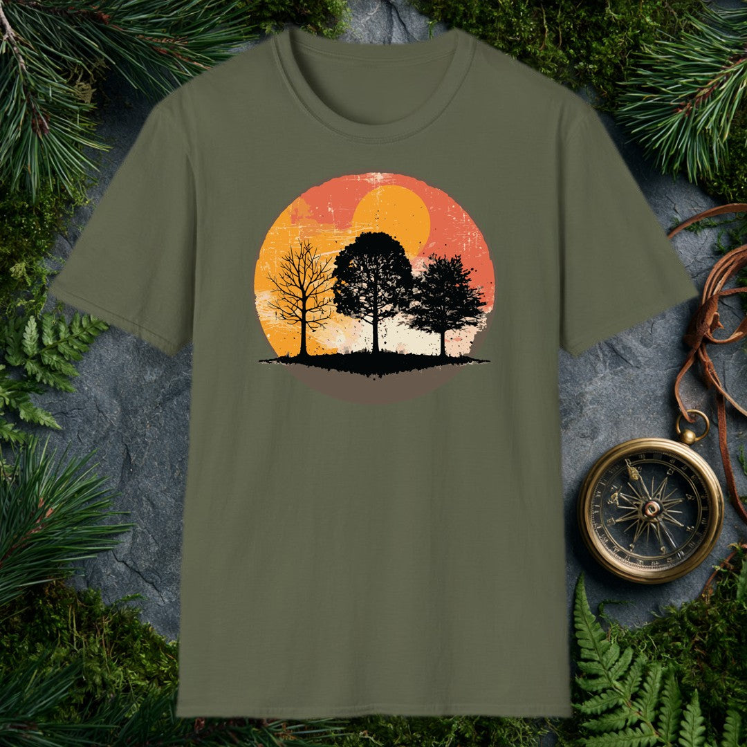 three tree silhouettes against a distressed amber and rust circular sunset, grunge texture, warm orange tones